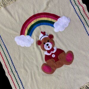 Handmade Baby Blanket Yellow Rainbow Teddy Bear Crocheted Fringe Vintage